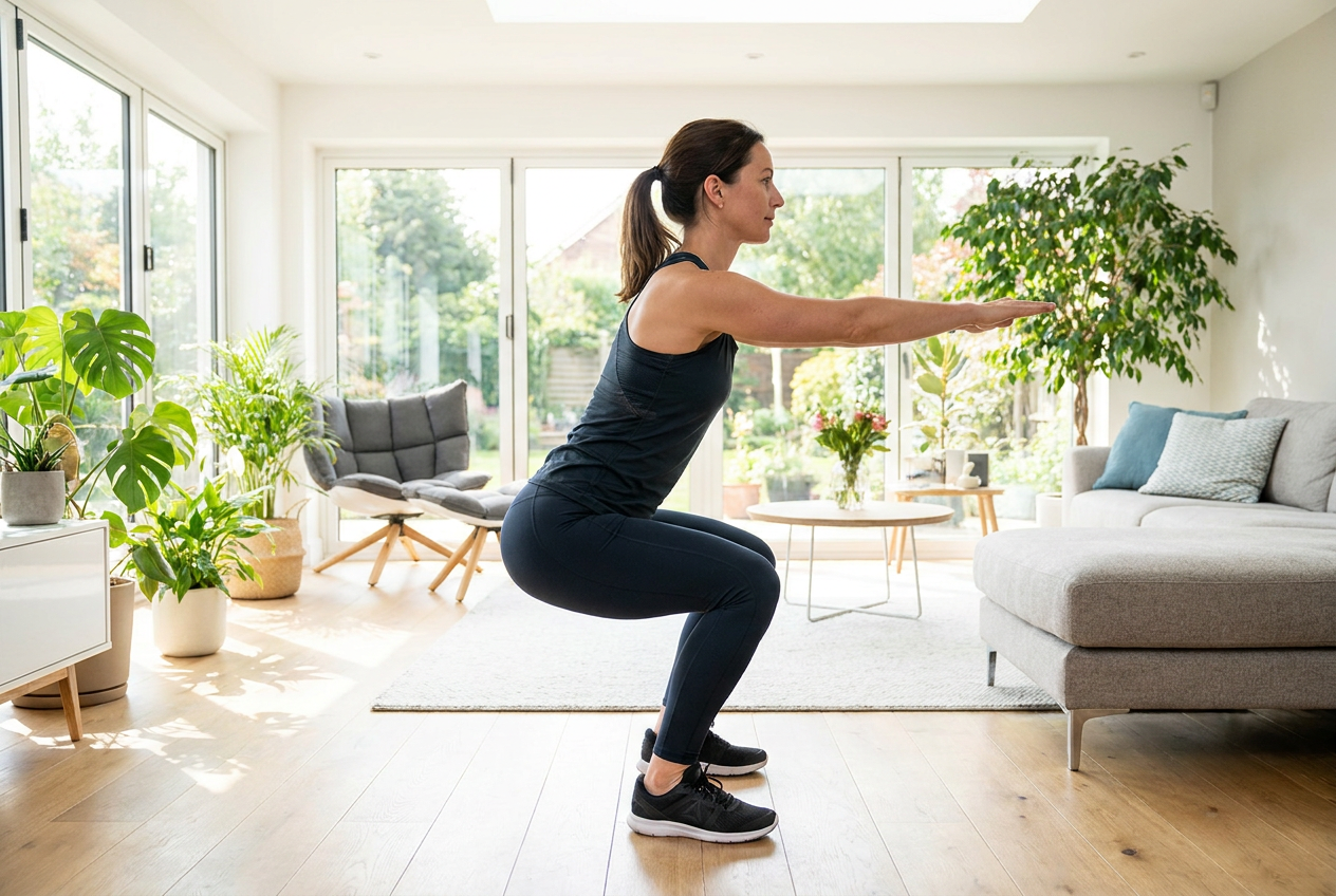 Vrouw doet squats thuis in de woonkamer