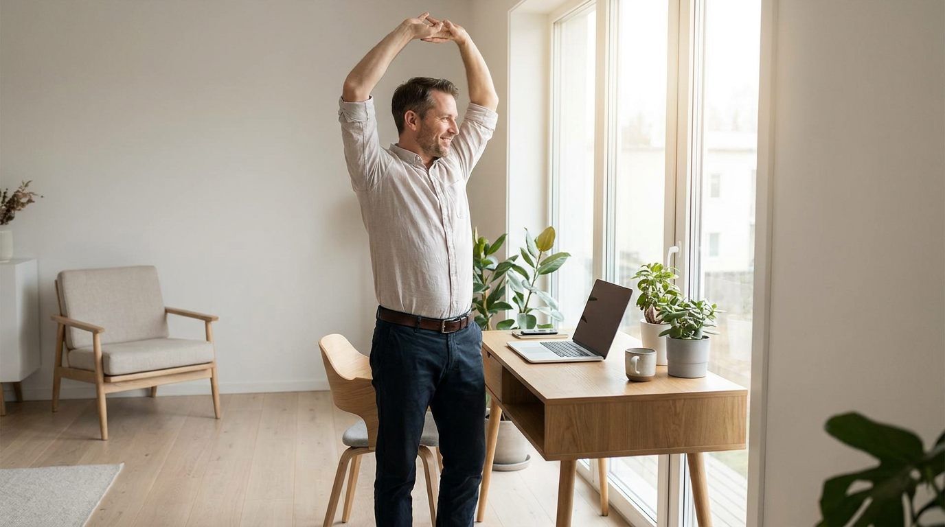Man neemt een beweegpauze bij zijn bureau om zittend werk te compenseren