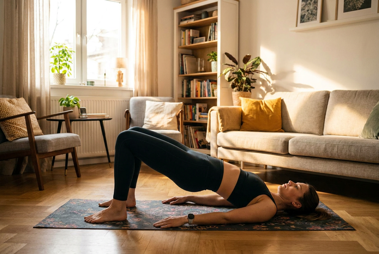 Vrouw doet een glute bridge voor onderrug en billen in de woonkamer
