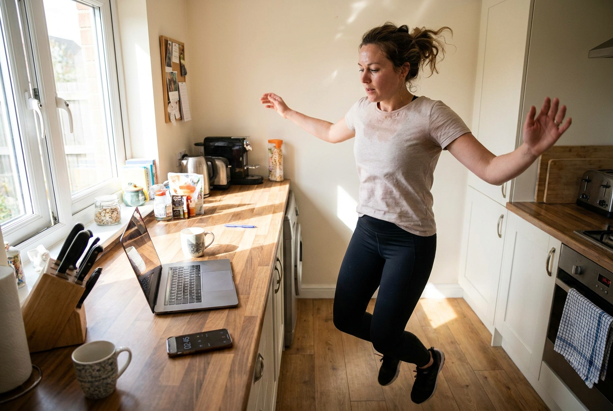 Persoon doet een korte workout van vier minuten thuis tijdens een werkpauze