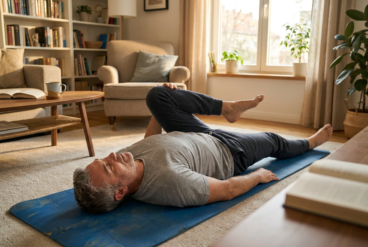 Man neemt een rustdag en rekt rustig uit op een yogamat in de woonkamer