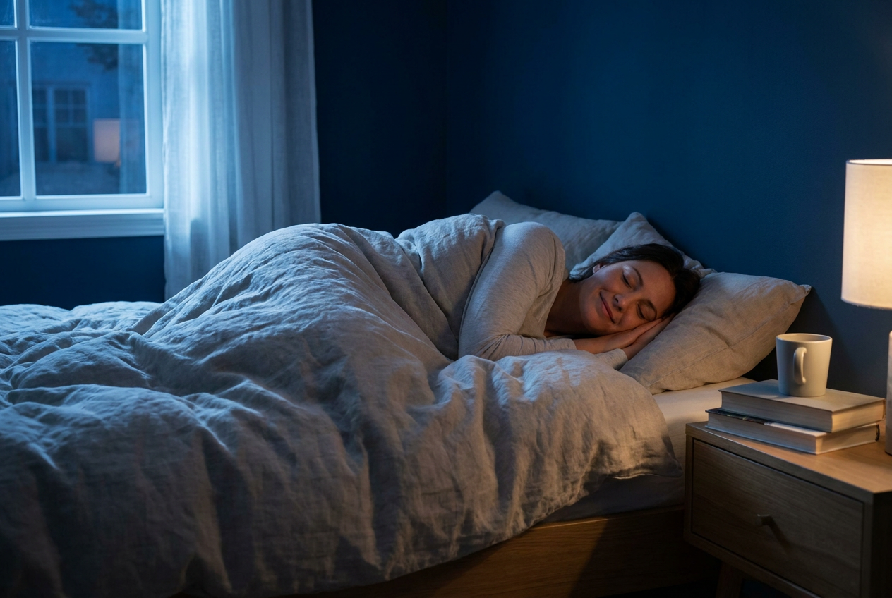 Persoon slaapt diep en rustig in een donkere slaapkamer