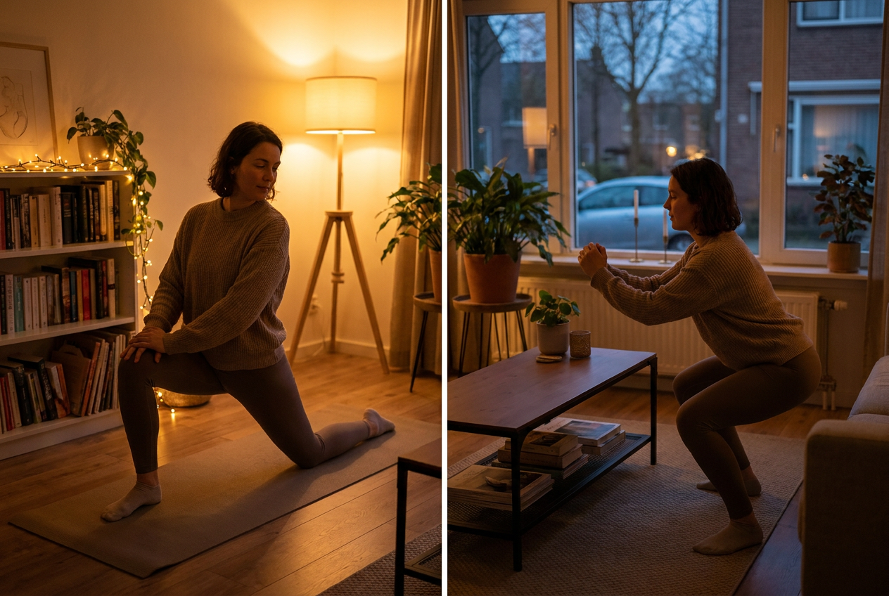 Vrouw doet lichte oefeningen thuis in de avond