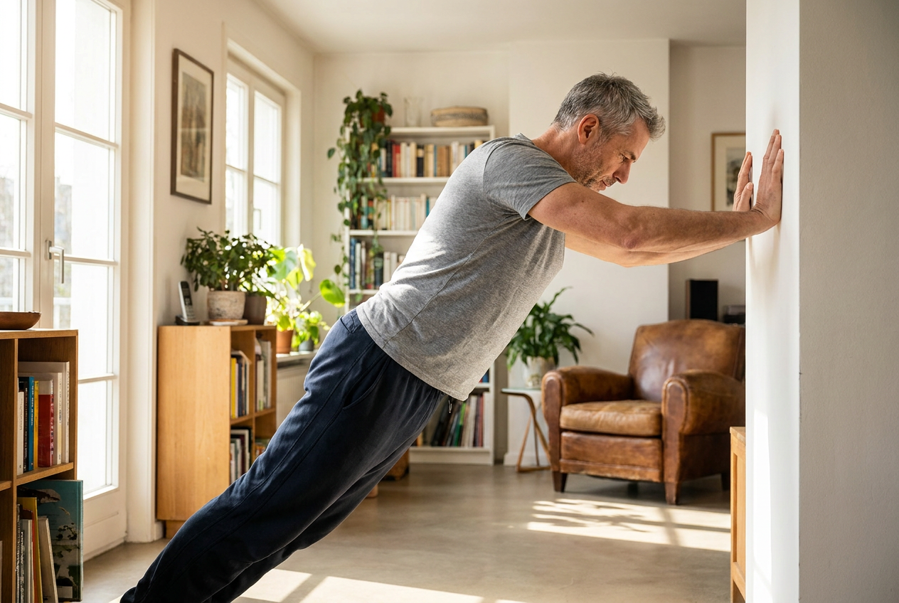 50-plusser doet muur push-ups thuis als onderdeel van een korte workout