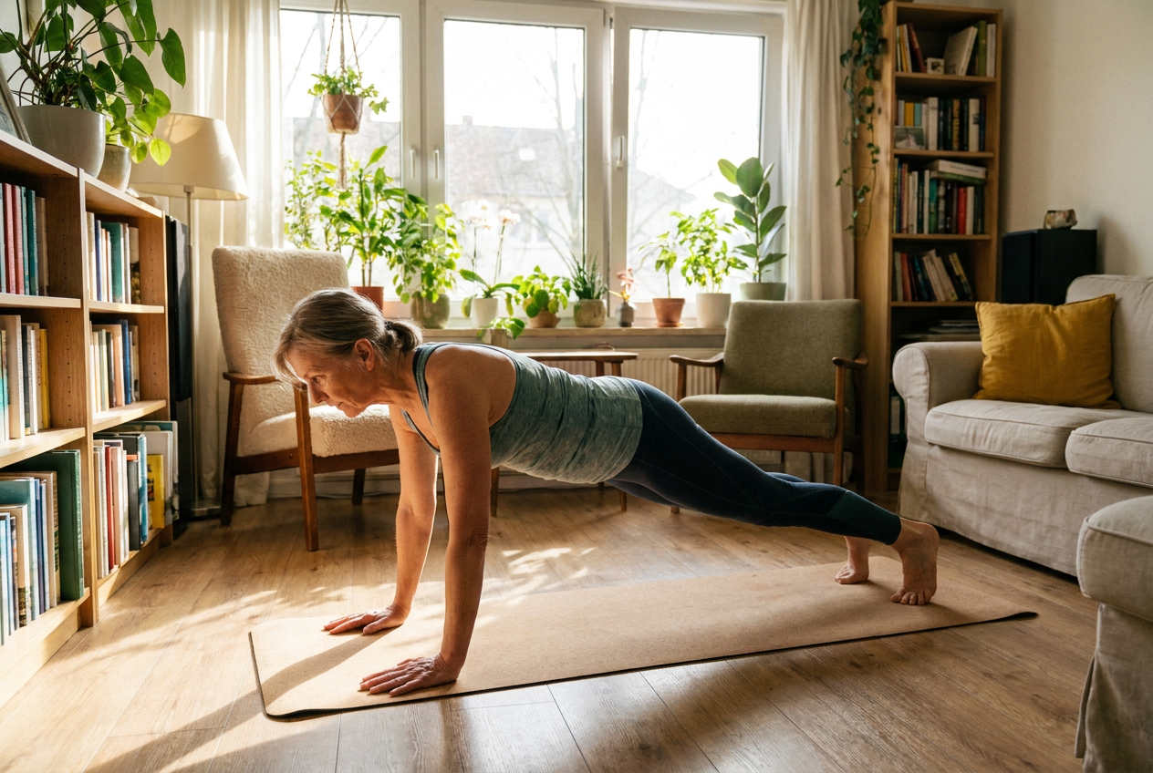 Vrouw doet plank oefening op yogamat thuis voor core training na 50