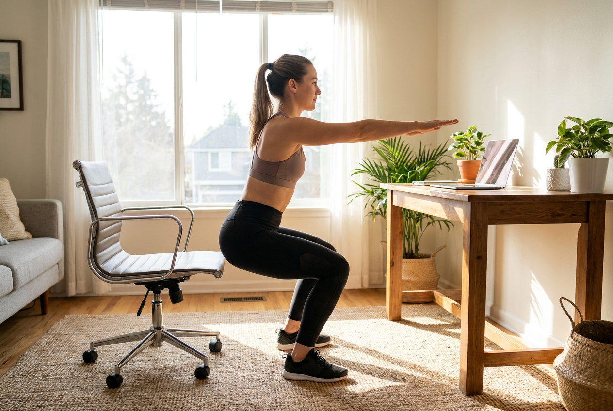 Vrouw doet een squat naast haar bureau om zittend werk te compenseren
