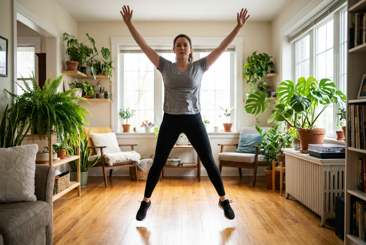 Vrouw doet jumping jacks als tabata oefening thuis