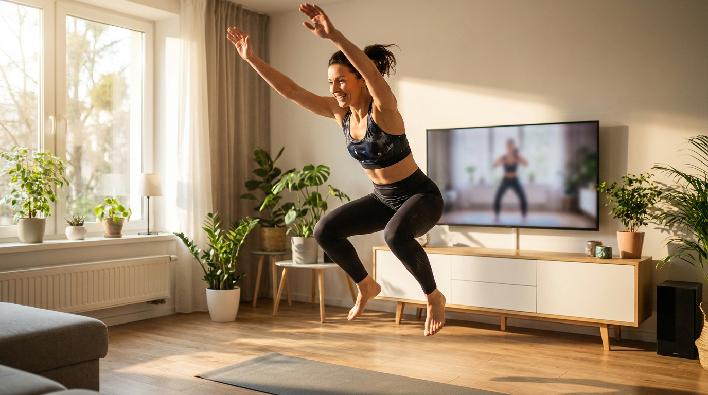 Vrouw doet een tabata training thuis in de woonkamer