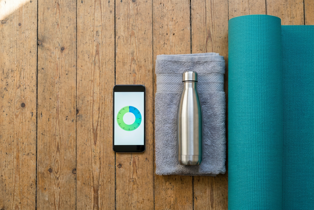 Tabata timer op telefoon met handdoek en waterfles voor een thuisworkout