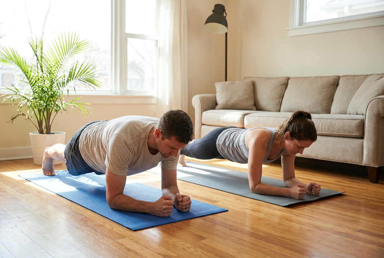 Twee beginners doen de plank oefening thuis op een matje