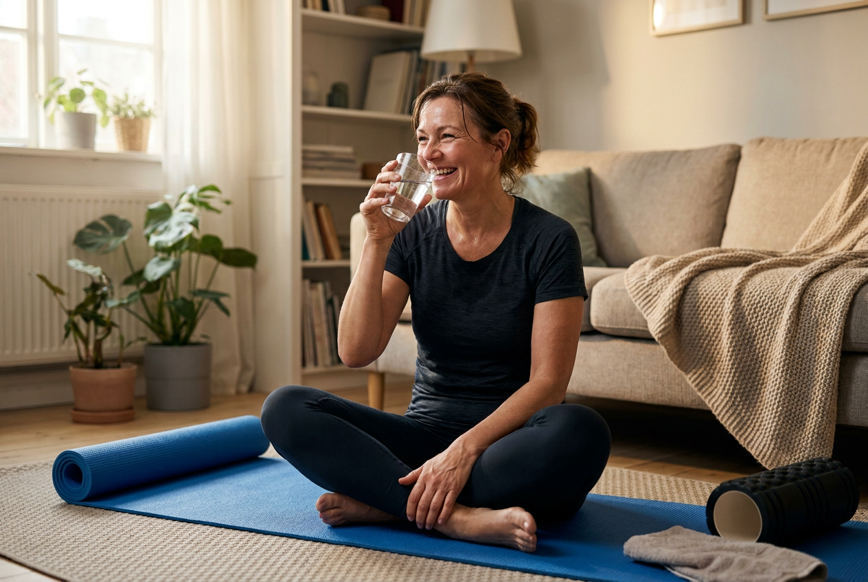 Vrouw drinkt water na een korte thuisworkout en voelt zich energiek
