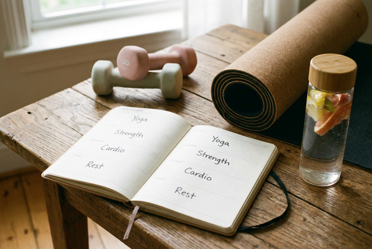 Weekplanner met dumbbells en yogamat voor een goed sportschema