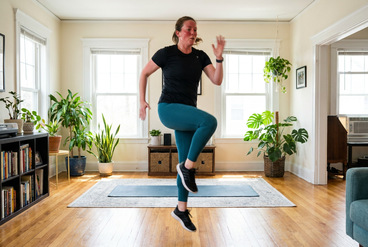 Vrouw doet high knees cardio tijdens een korte thuisworkout