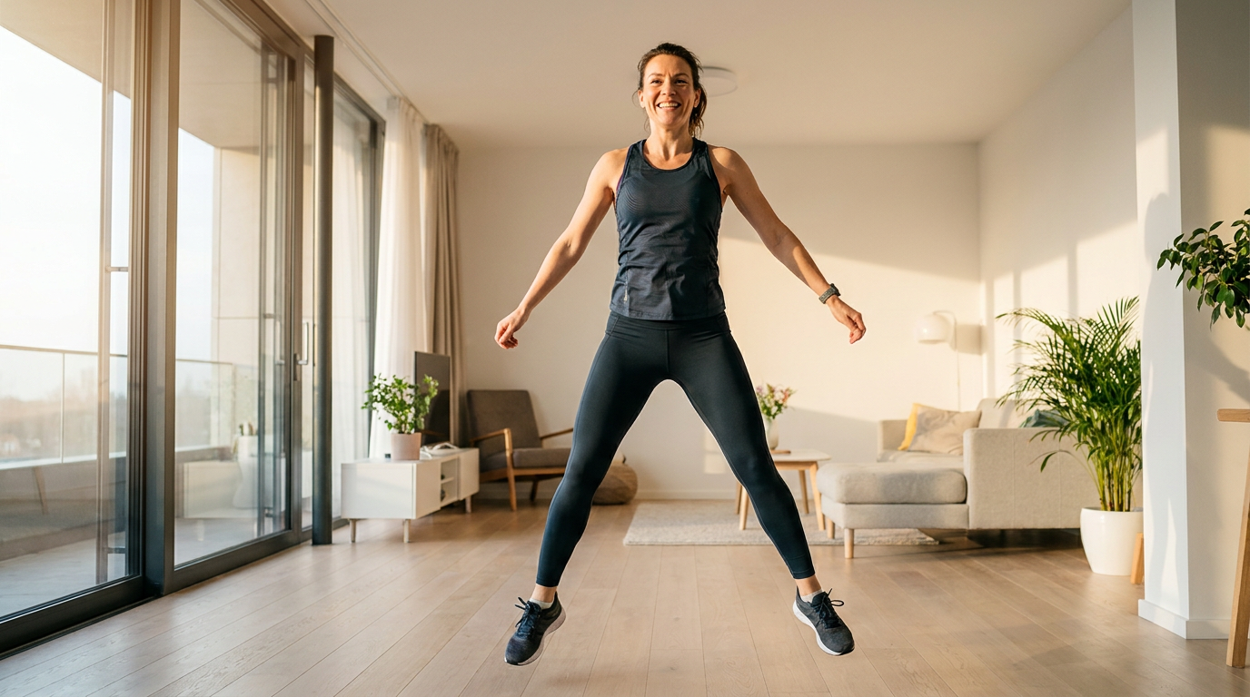 Vrouw doet een 4 minuten workout thuis in de woonkamer
