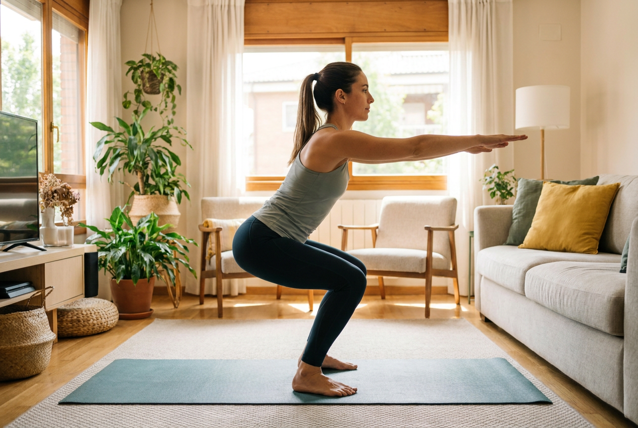 Vrouw voert een squat uit tijdens een korte thuisworkout