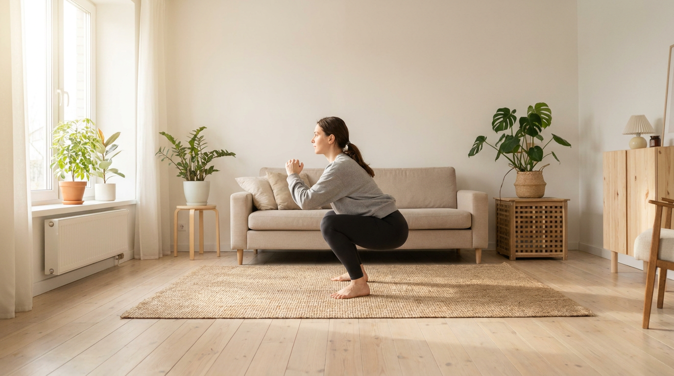 Vrouw doet een squat thuis in de woonkamer zonder materiaal