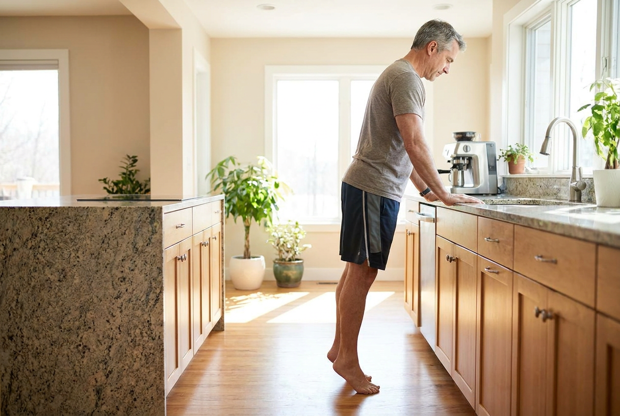 Man doet een calf raise bij het aanrecht in de keuken