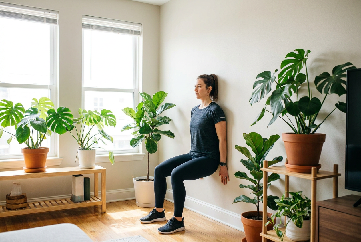 Vrouw houdt een wall sit vast tegen de muur thuis