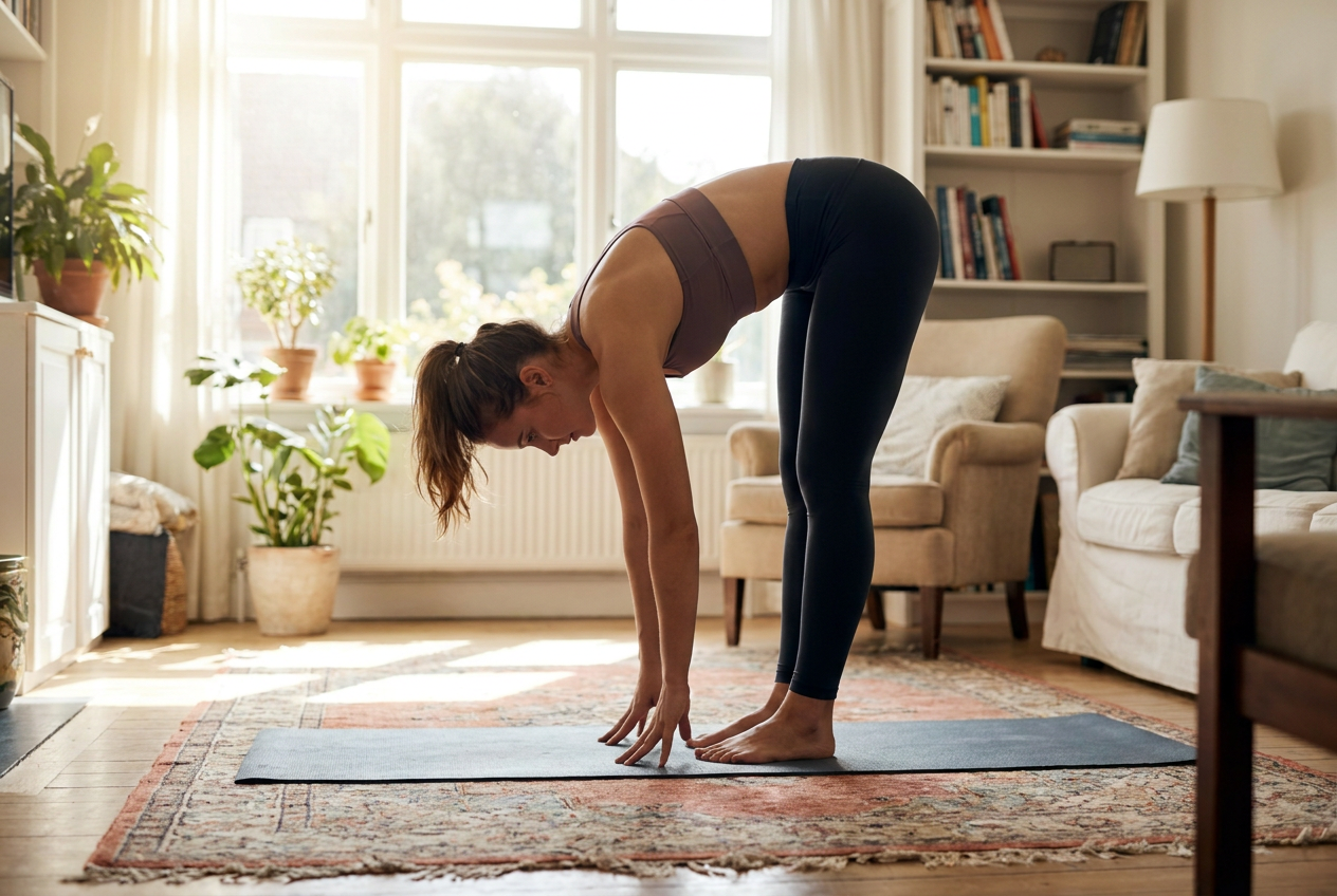 Vrouw doet een hamstring stretch als cooling-down oefening thuis