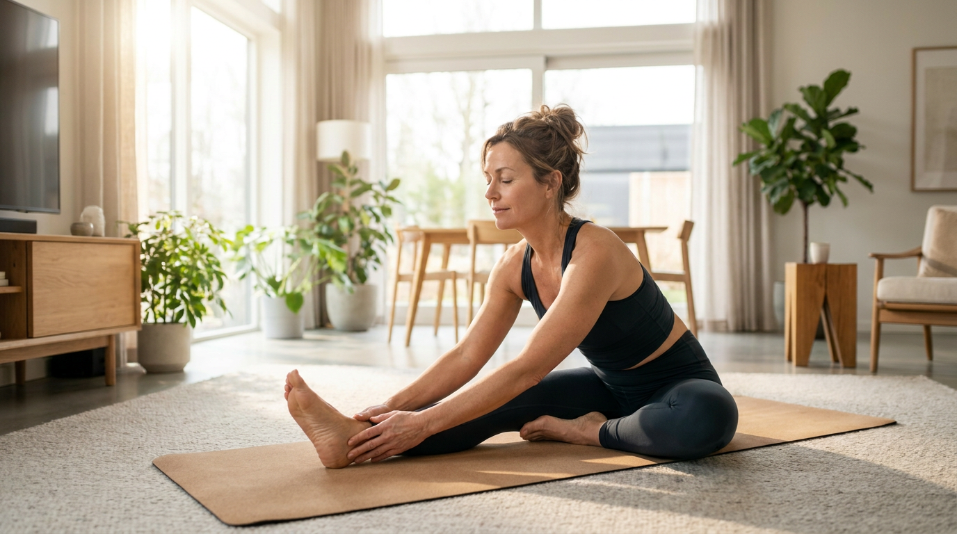 Vrouw doet een cooling-down na het sporten op een yogamat thuis