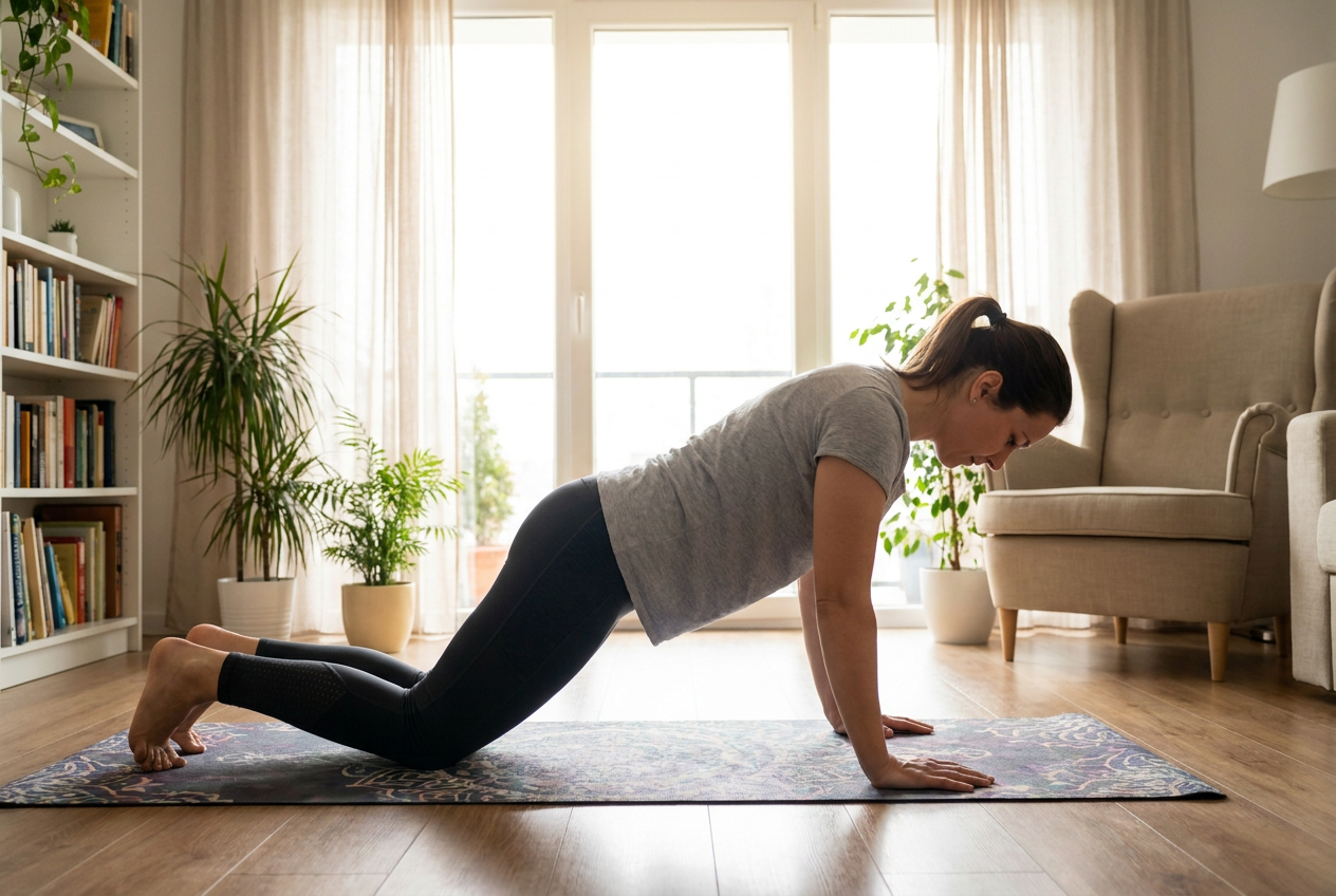 Vrouw doet knie push-ups thuis op een matje