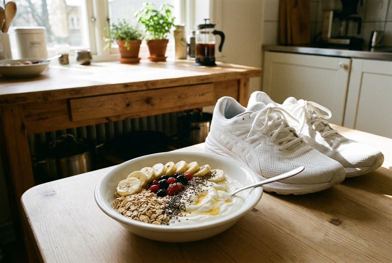 Gezond ontbijt met banaan, yoghurt en havermout naast sportschoenen, keuze tussen eerst eten of eerst sporten