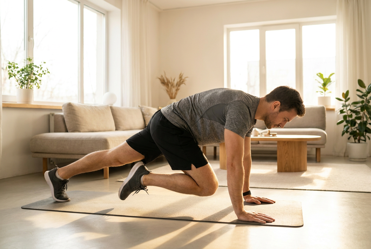Man doet een dynamische plank variatie met knie naar elleboog