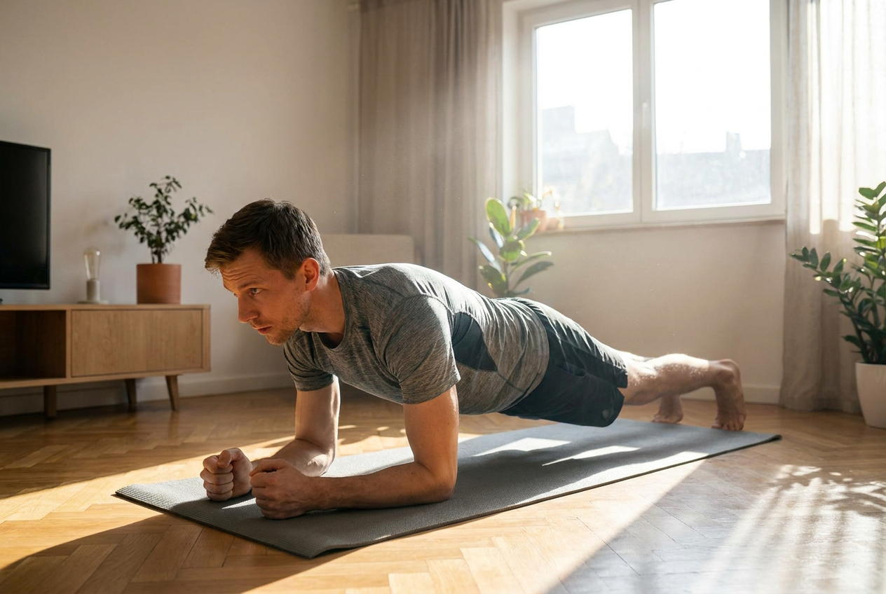 Man doet een plank oefening tijdens een rustige workout op een nuchtere maag