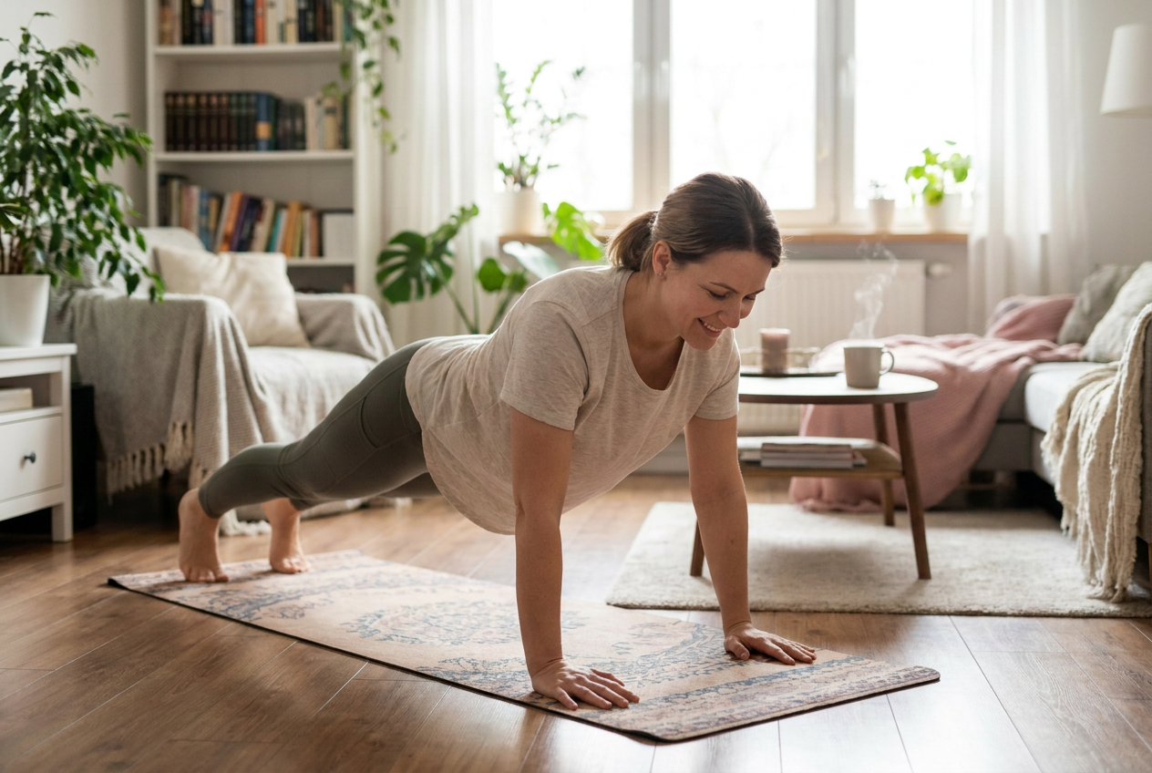 Vrouw doet een plank op haar knieen als beginnersvariatie