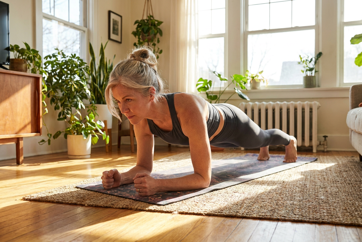 Vrouw houdt een plank vast op een yogamat in de woonkamer