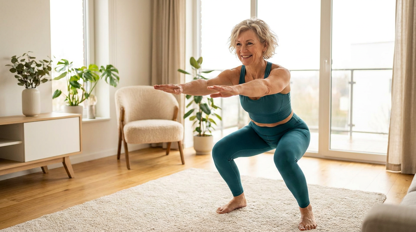 Vrouw doet een squat als thuisworkout tijdens de overgang