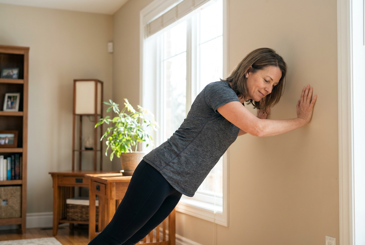 Vrouw doet een push-up tegen de muur als krachtoefening thuis