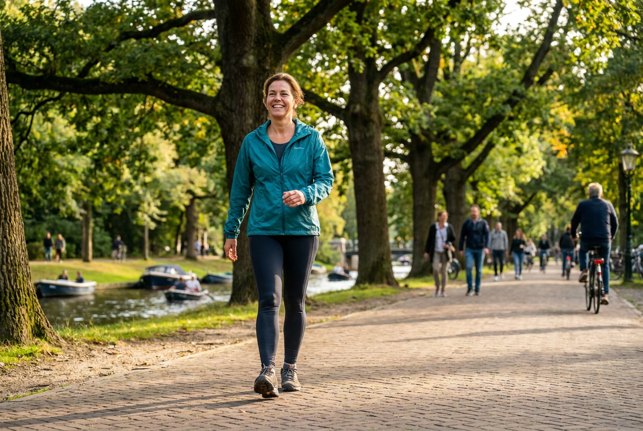 Vrouw wandelt stevig door een groen park tijdens de overgang