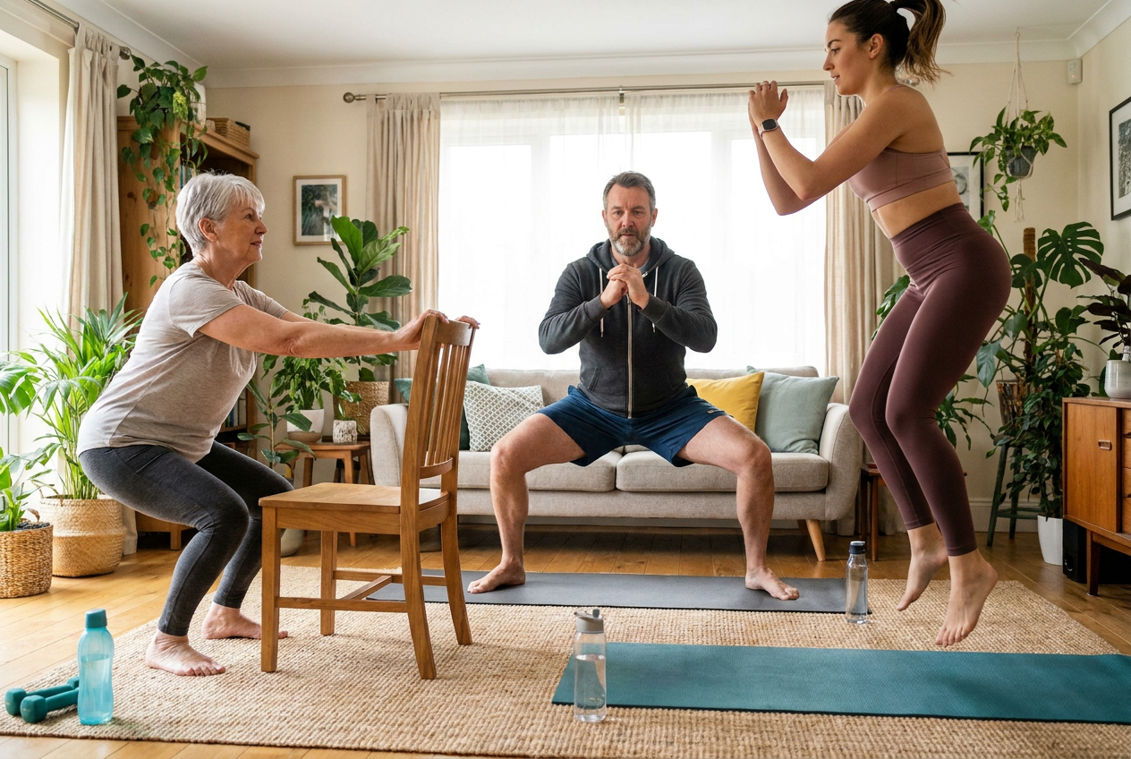 Verschillende squat-variaties voor thuis zonder materiaal