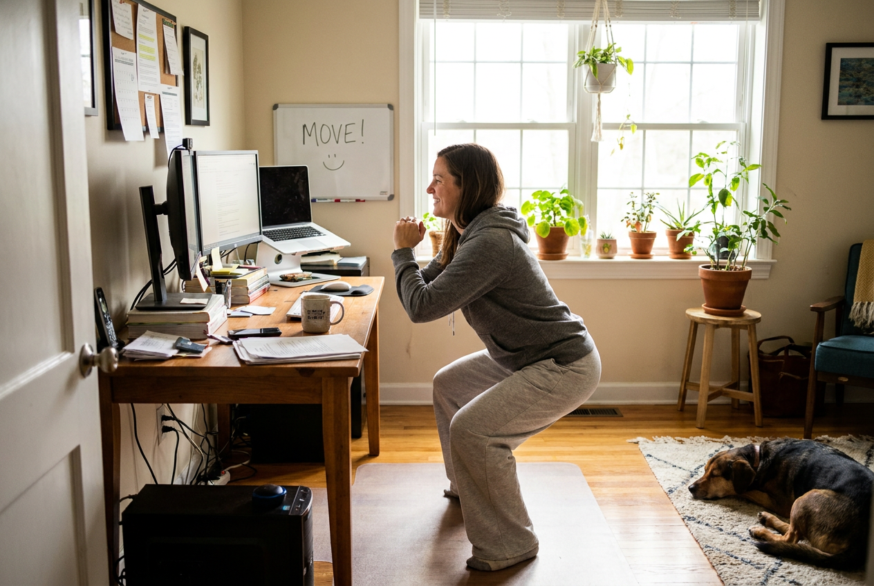 Squats doen tijdens een korte pauze op een drukke werkdag