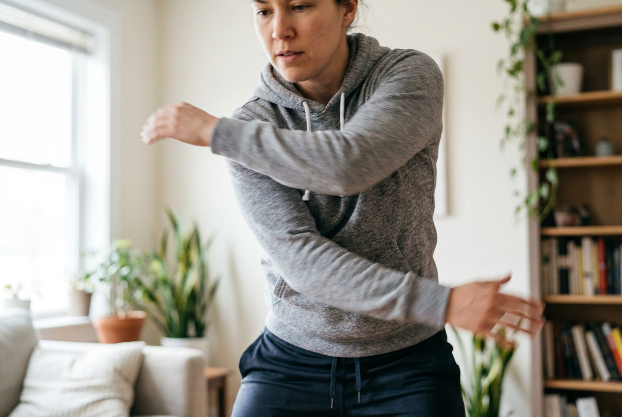 Vrouw doet armcirkels als warming-up thuis in de woonkamer