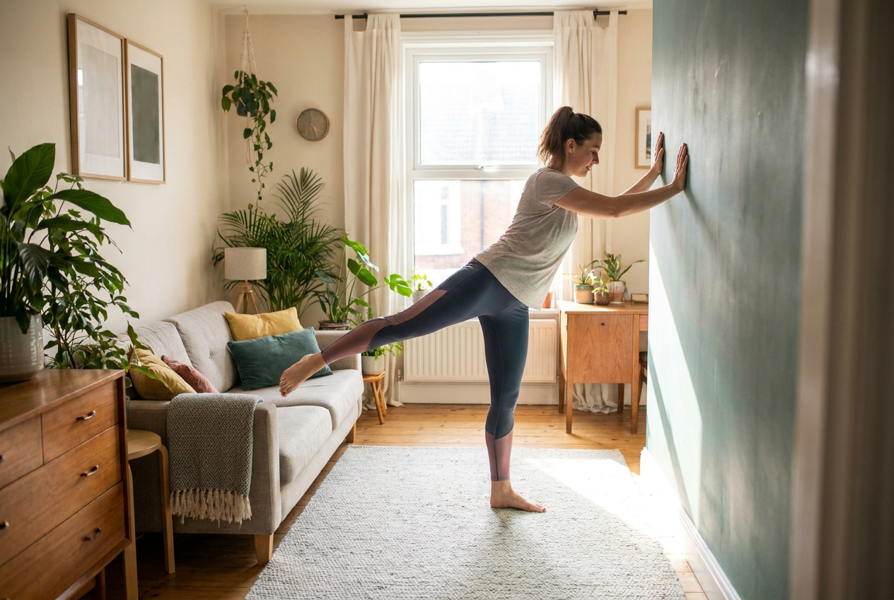 Vrouw doet beenzwaaien als dynamische warming-up naast een muur thuis
