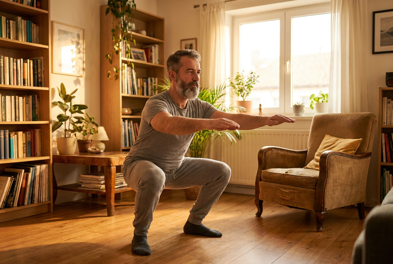 Man doet langzame squat als warming-up voor krachttraining thuis