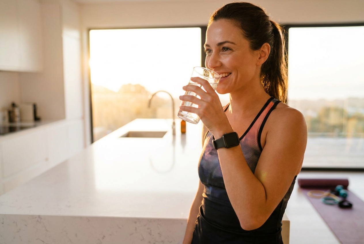 Vrouw drinkt een glas water voor haar korte ochtendworkout op nuchtere maag