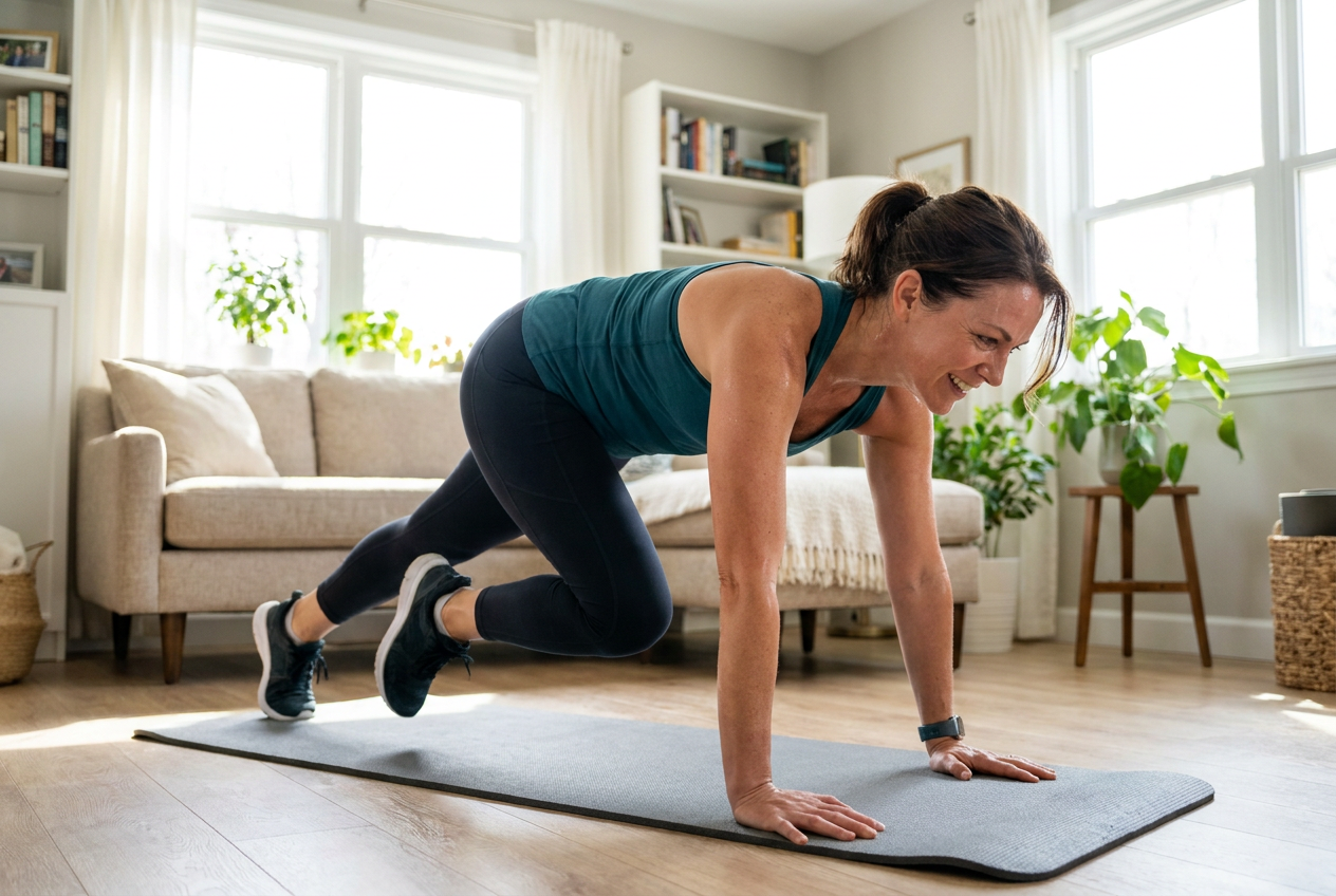 Vrouw doet HIIT mountain climber oefening thuis tegen buikvet