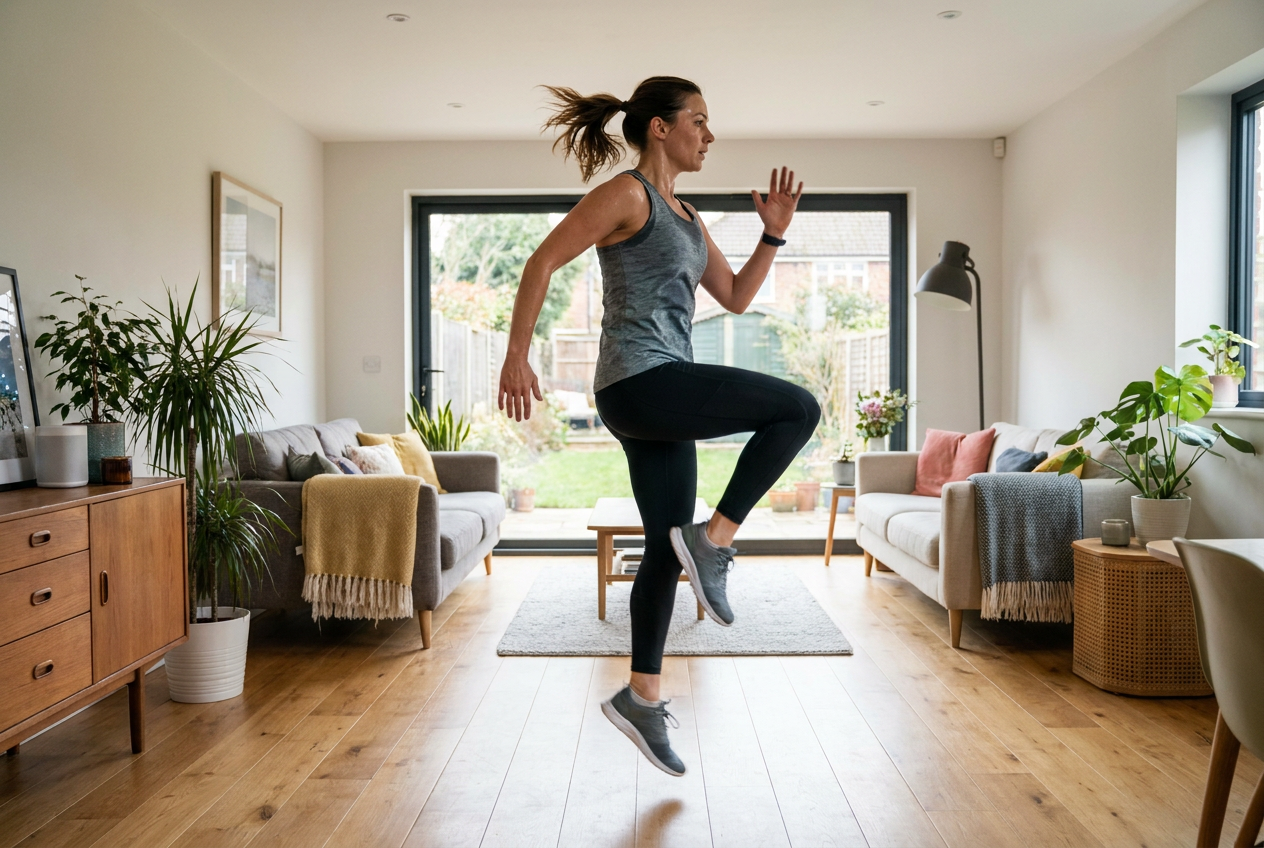 Vrouw doet thuis een intensieve cardio-oefening in de woonkamer