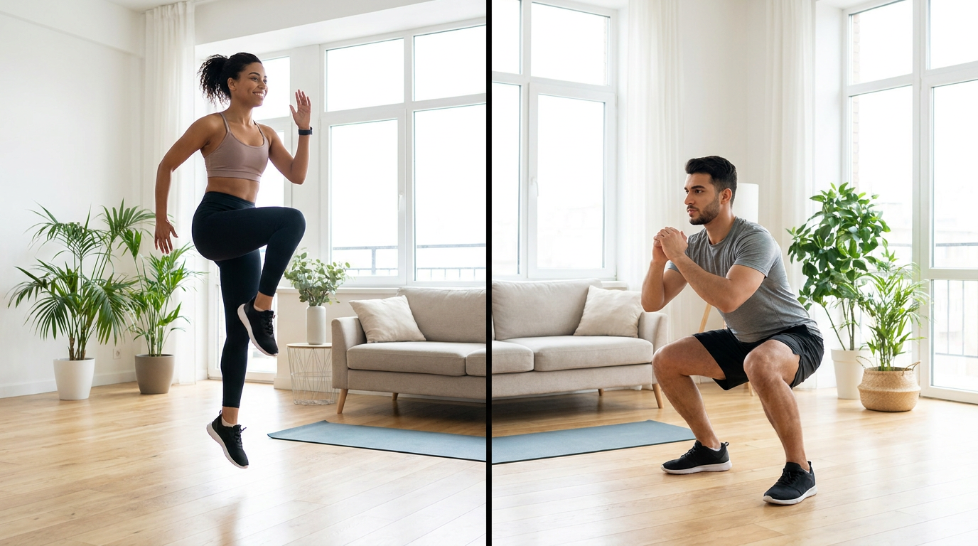 Vrouw en man doen thuis een korte workout met cardio en krachttraining