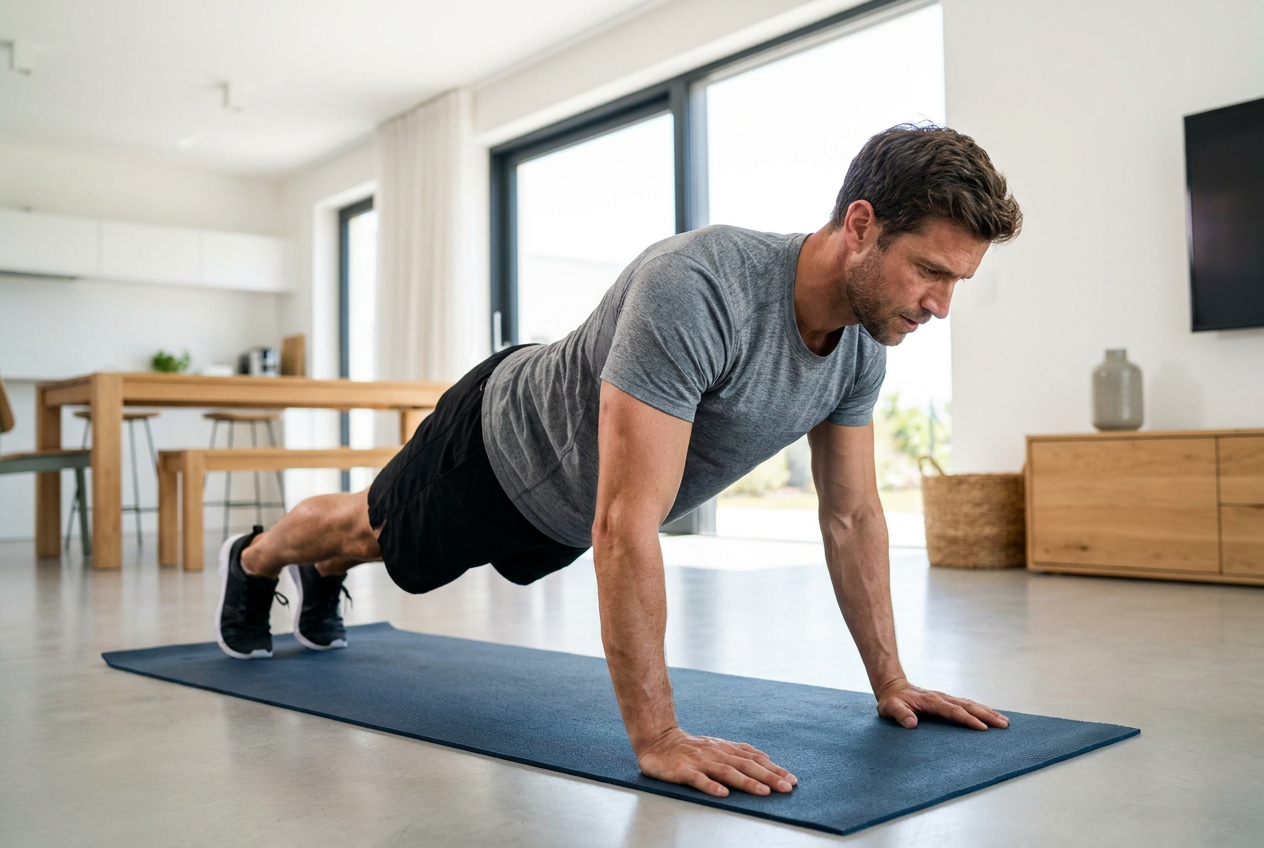 Man doet een push-up als krachtoefening thuis op een yogamat