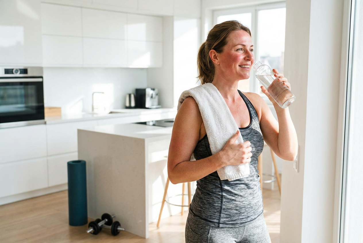 Vrouw drinkt water na een korte thuisworkout en voelt zich fit