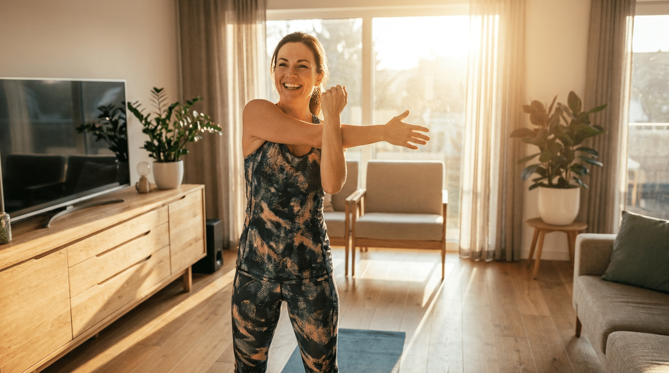 Vrouw stretcht energiek in de woonkamer voor meer energie
