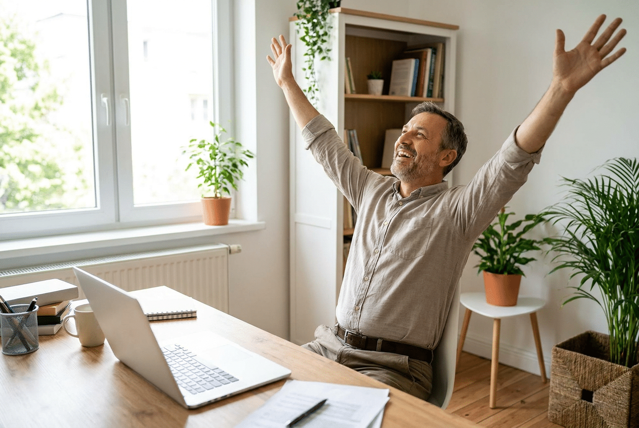 Man neemt korte beweegpauze achter zijn bureau voor meer energie