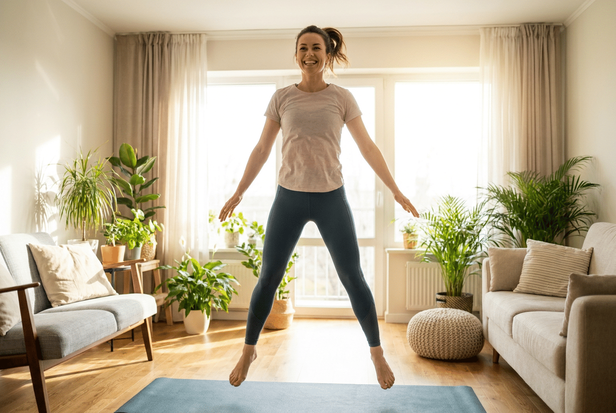 Vrouw doet korte energieke ochtendworkout thuis
