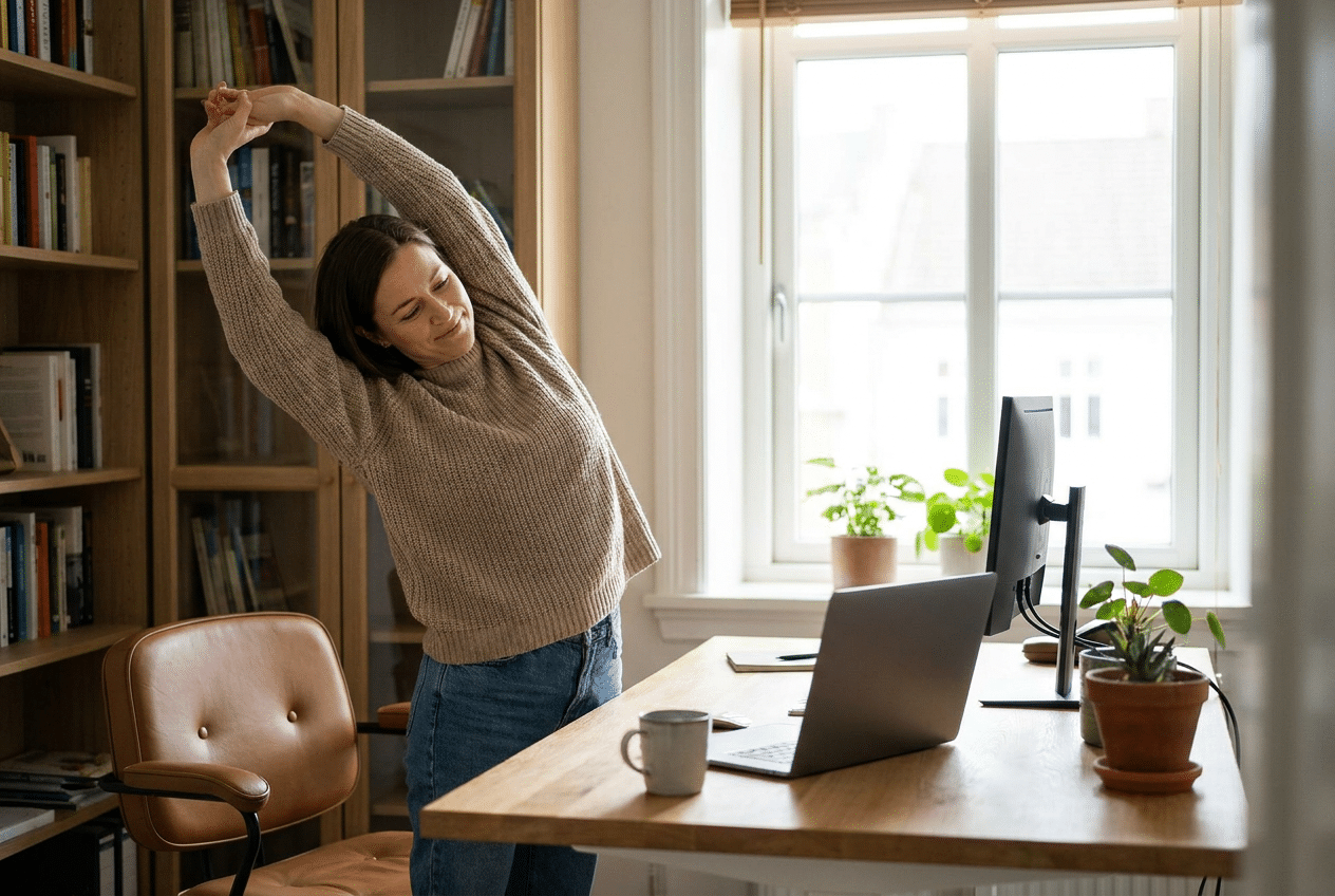 Persoon staat op van bureau om te bewegen tijdens een pauze op kantoor