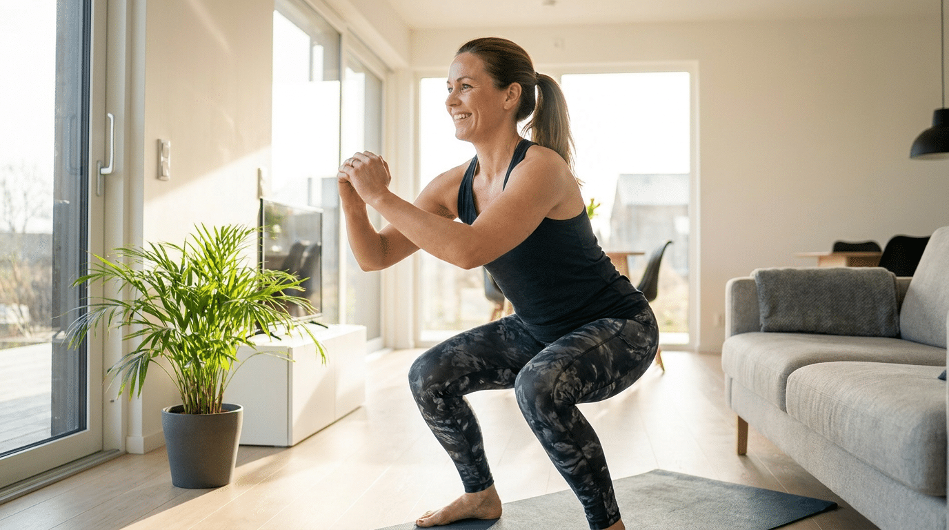 Vrouw doet een korte thuisworkout in haar woonkamer om genoeg te bewegen per dag