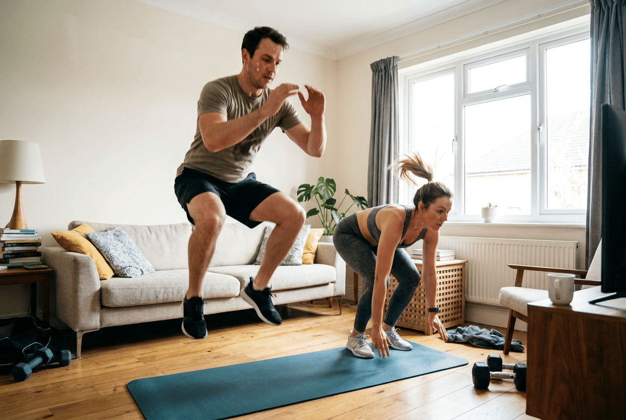 Man en vrouw doen een korte intensieve workout thuis in de woonkamer